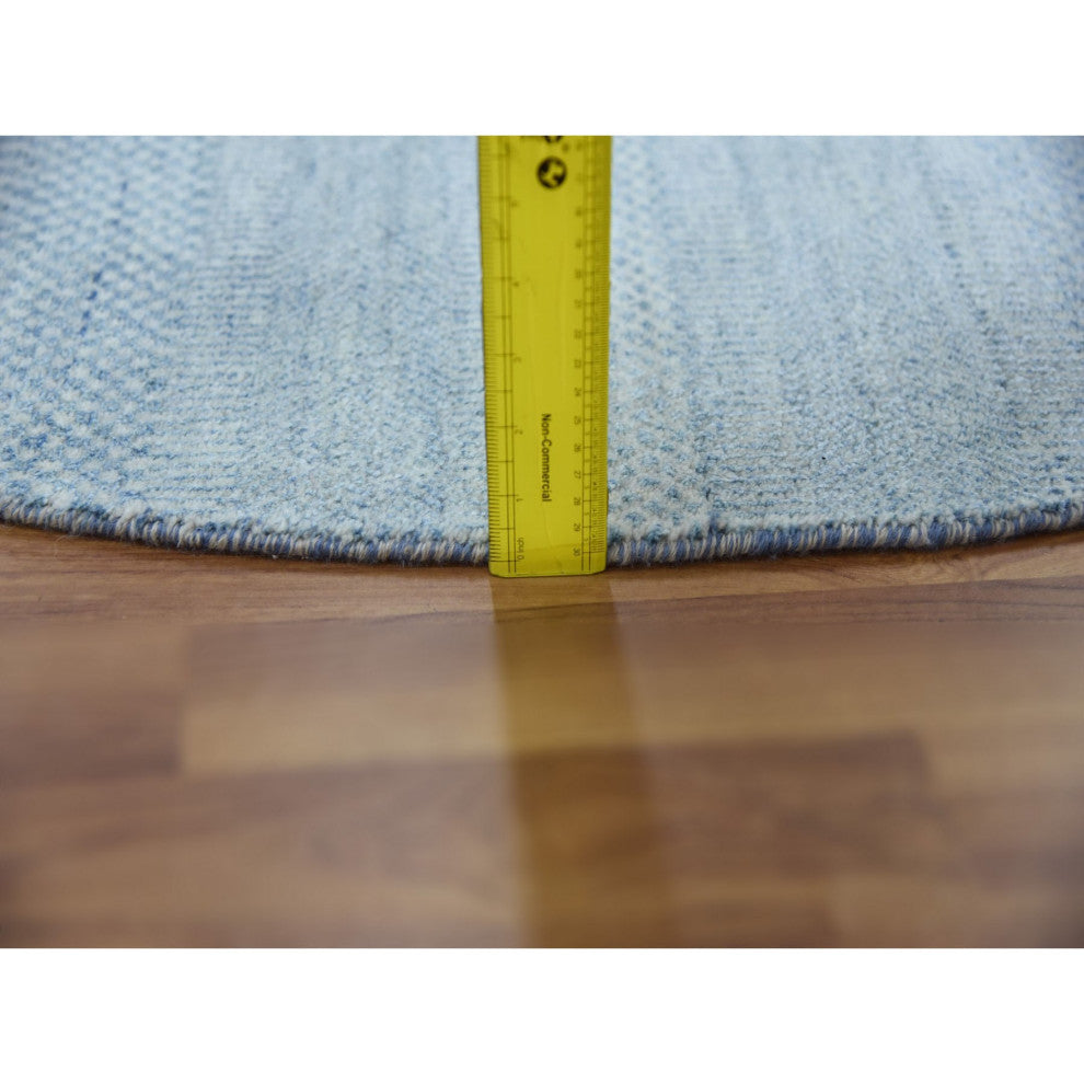 Blue, Wool and Silk Hand Knotted, Modern Grass Design Round Rug, 5'10"x5'10"