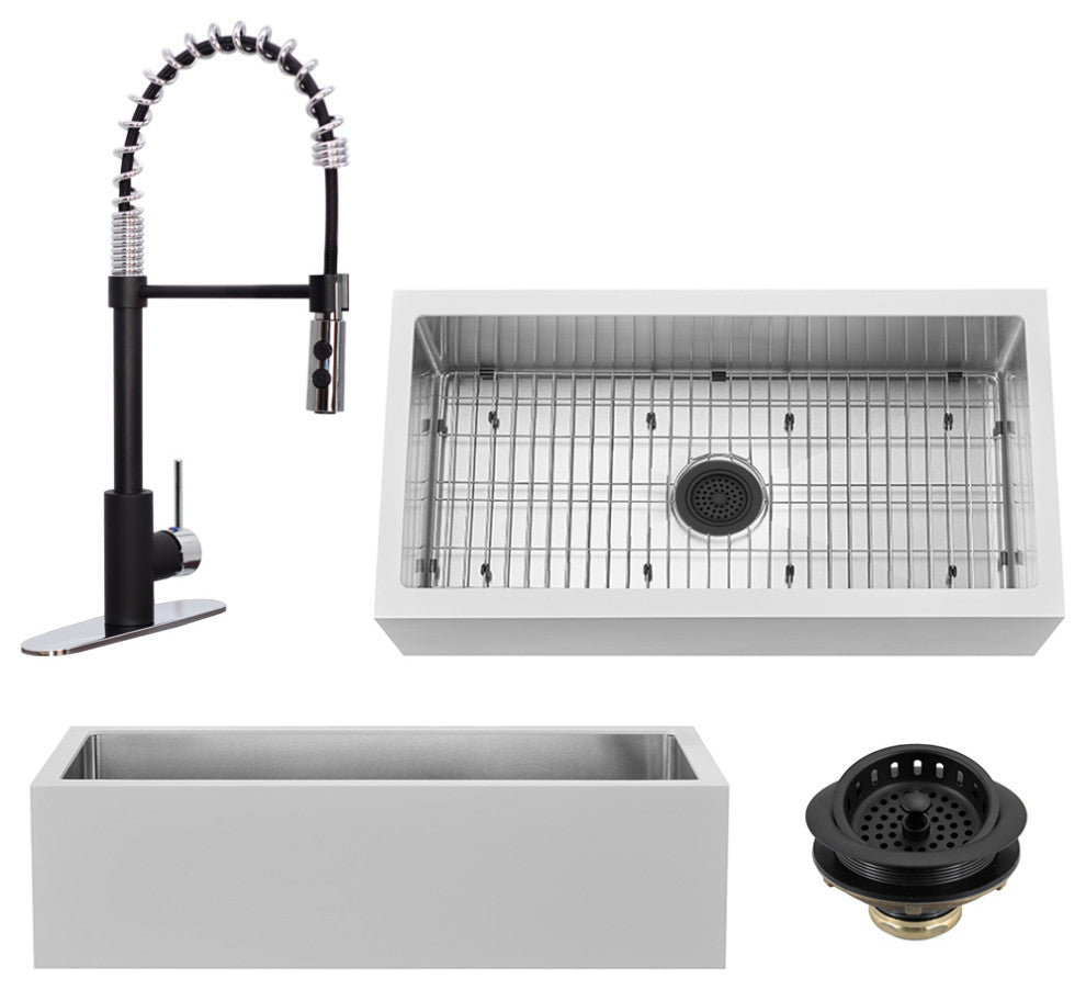 36" Single Bowl Farmhouse Solid Surface Sink and Faucet Kit, Black/Chrome