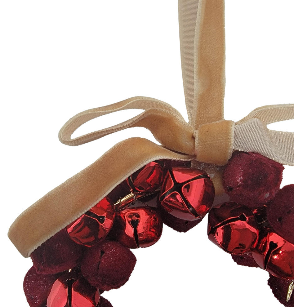 Red Jingle Bell Wreath Ornament Large 4 in Metal Velvet Vintage Antique Style