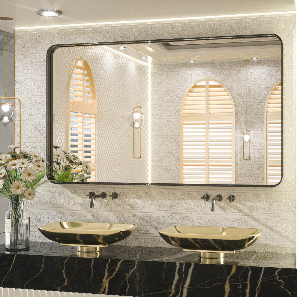 Metal Frame Decorative Rectangular Wall Mount Mirror, Black, 48"x30"