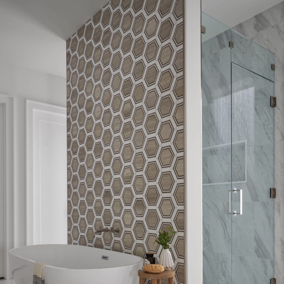 Athens Silver Cream Marble 5" Hexagon Strips Georama Geometric Tile, 1 sheet