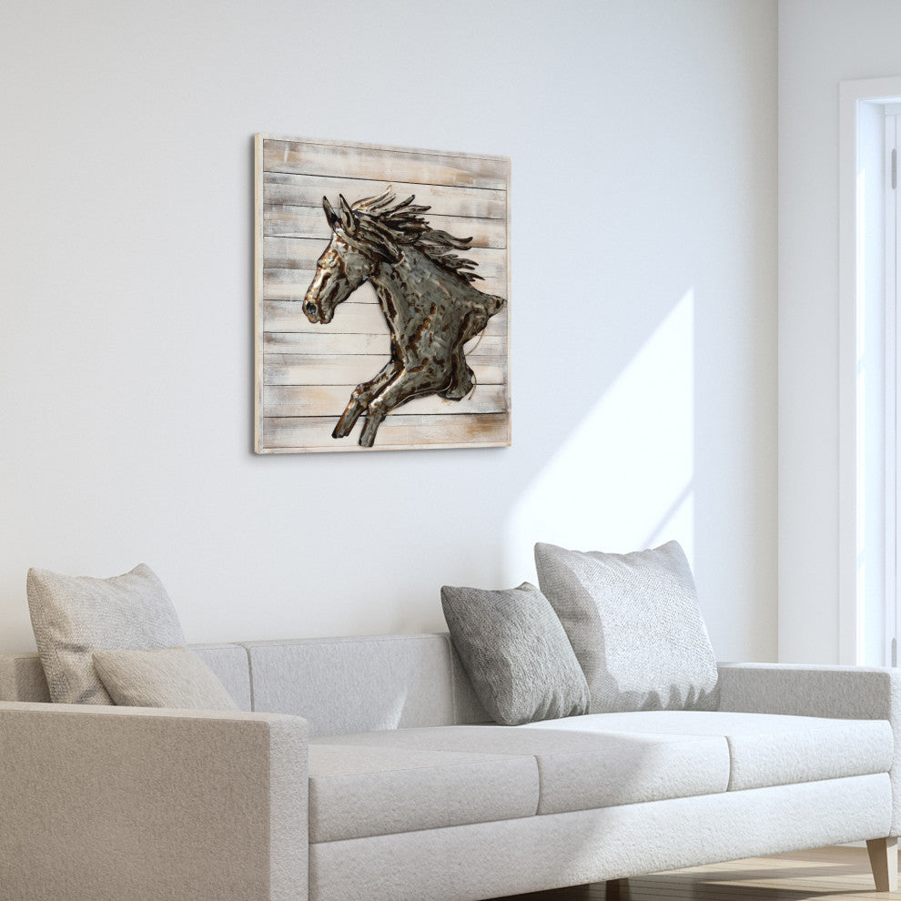 "Golden Horse" Metallic Hand Painted Wall Art on Rugged Wooden Blocks Wall 32x32