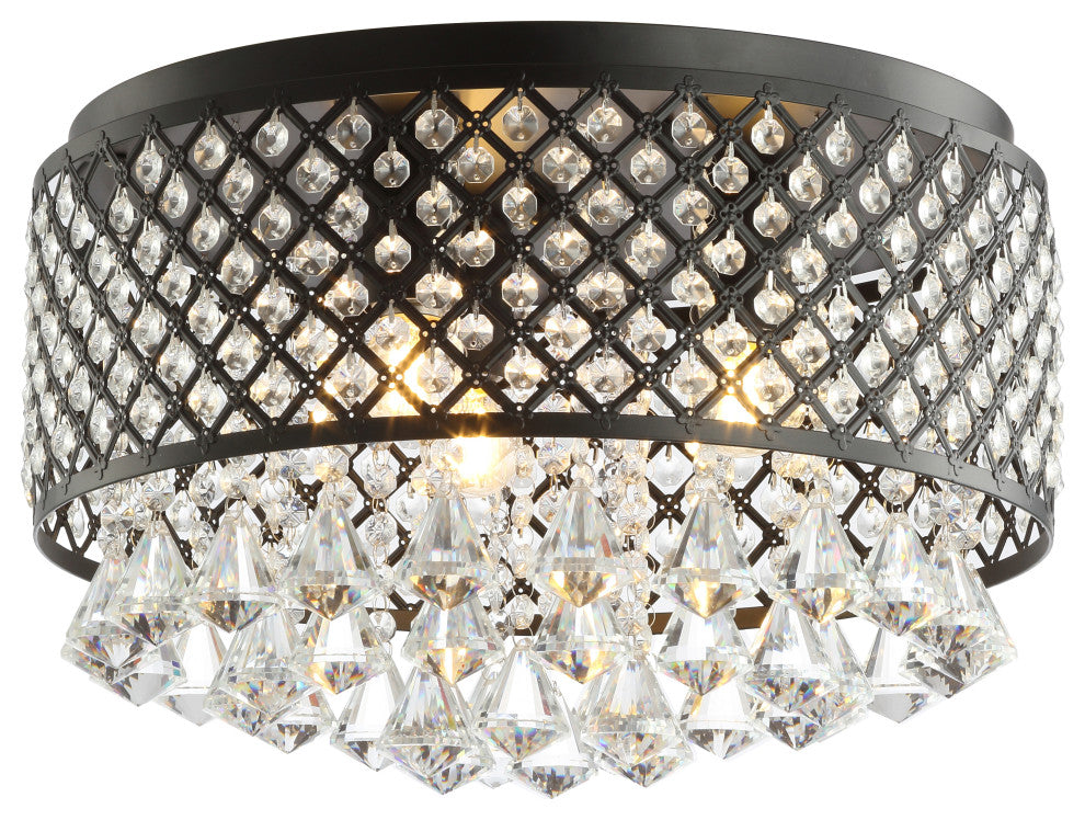 Evelyn 3-Light Crystal Drops and Metal LED Flush Mount, Black/Clear, Width: 17"