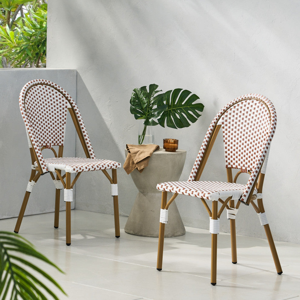 Baylor Outdoor French Bistro Chair, Set of 2, Rust Orange/White/Bamboo Print Finish