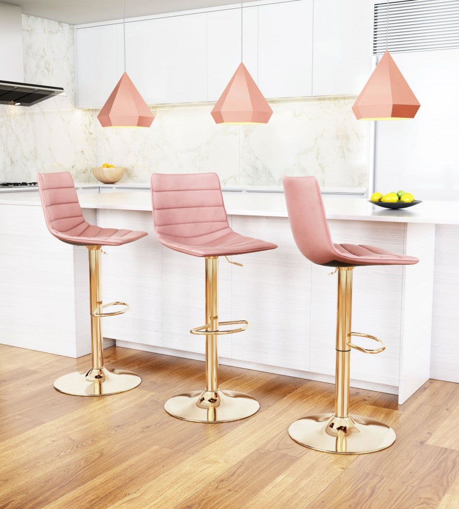 Bar Stool Chair Barstool, Steel Metal, Fabric, Pink, Gold, Kitchen Cafe Bistro
