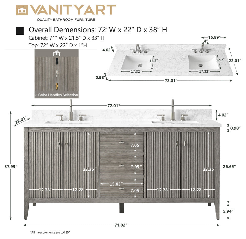 Vanity Art Freestanding Vanity, Driftwood Gray, 72", Double Sink, Matte Black