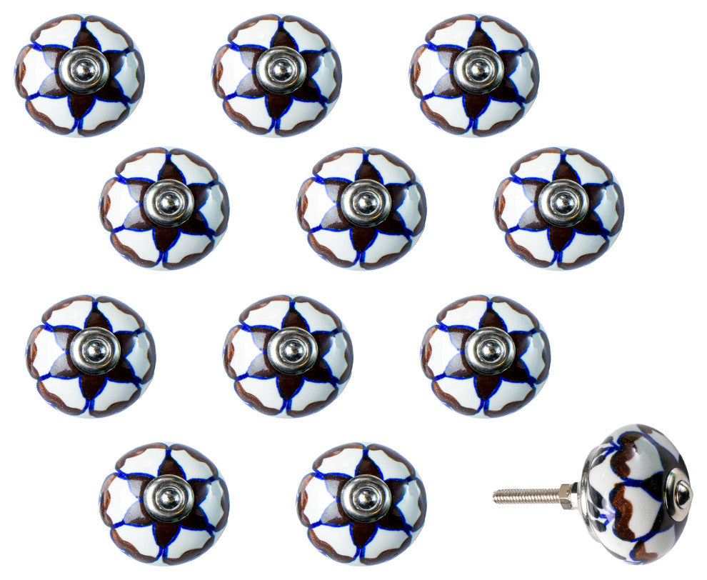 Knob-It Vintage Handpainted Ceramic Knobs, Set of 12, Cream/Brown/Blue