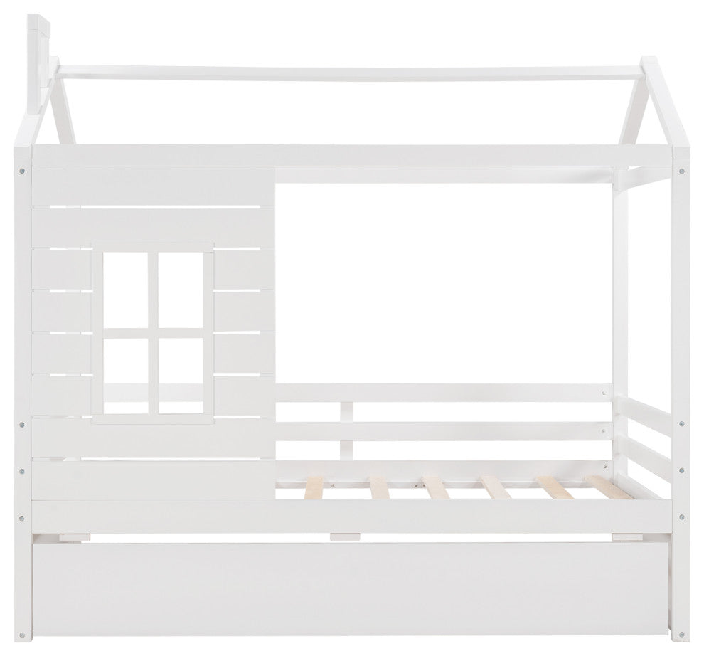 Gewnee Wood Twin House Bed with Twin Size Trundle in White