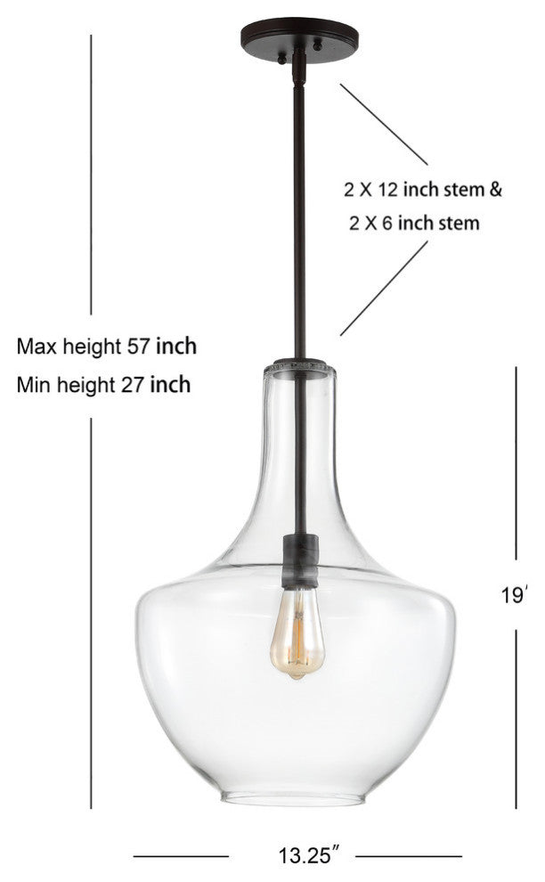 Watts 10.5" Glass, Metal LED Pendant, Oil Rubbed Bronze/Clear, Width: 13.25"