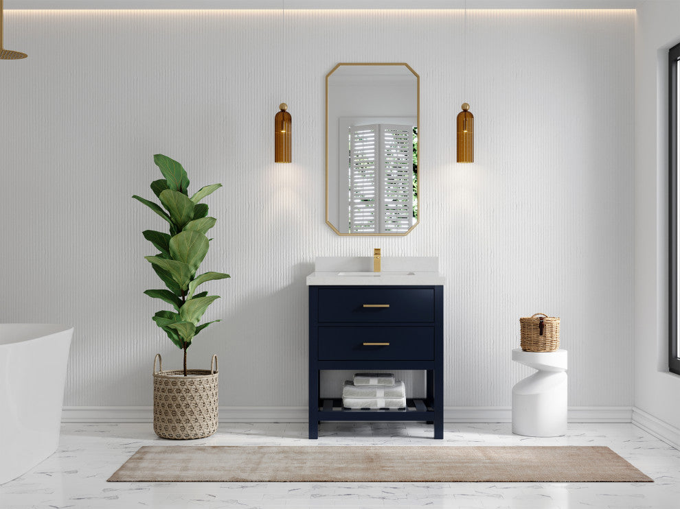Parker 30 Single Sink Bath Vanity in Navy Blue  2" Carrara Quartz