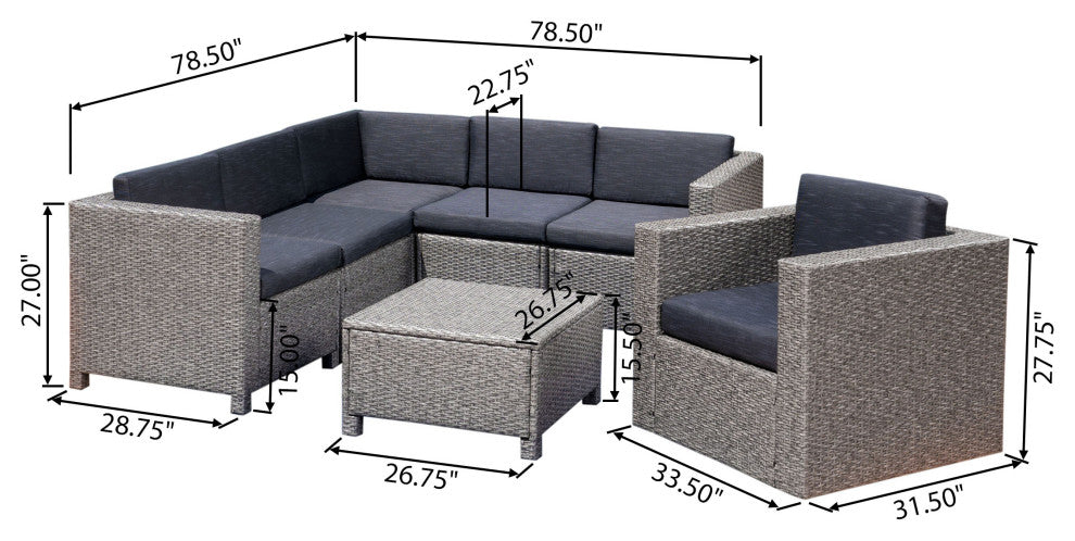 GDF Studio Phillips Outdoor 6 Seater Wicker Sofa and Chair Set With Cushions, Dark Gray/Mixed Black Cushion
