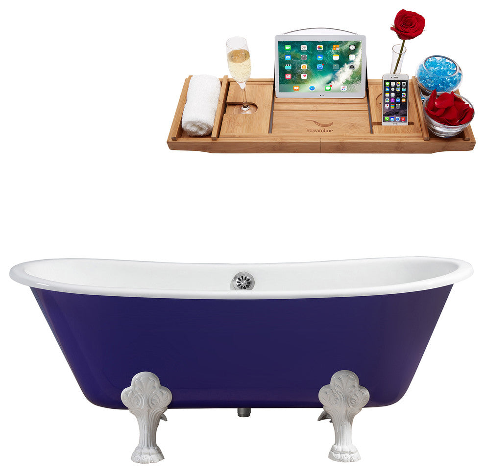 67" Cast Iron R5060WH-CH Soaking Clawfoot Tub and Tray With External Drain