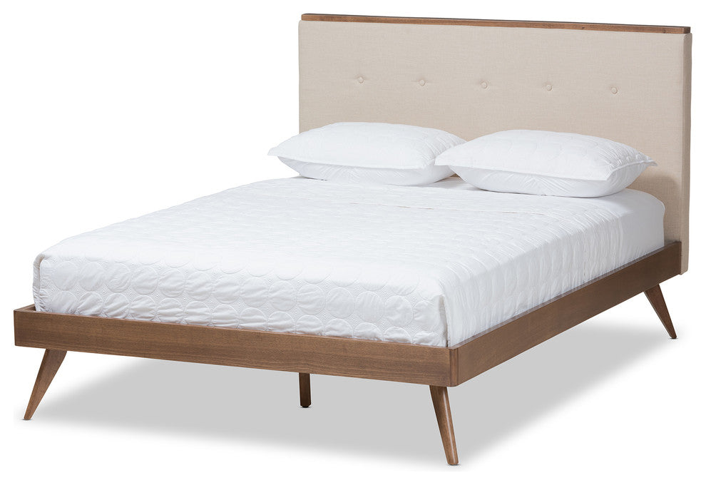 Bella Light Beige Fabric and Walnut Brown Finished Wood Queen Size Platform Bed