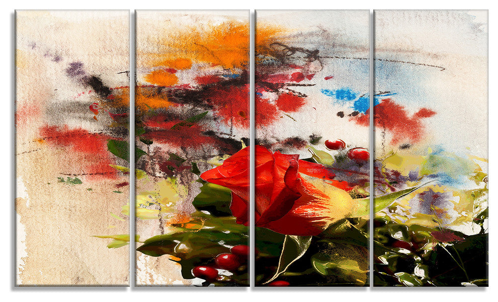 Roses and Sunny Day Watercolor, Floral Art Canvas Print, 48"x28", 4 Panels
