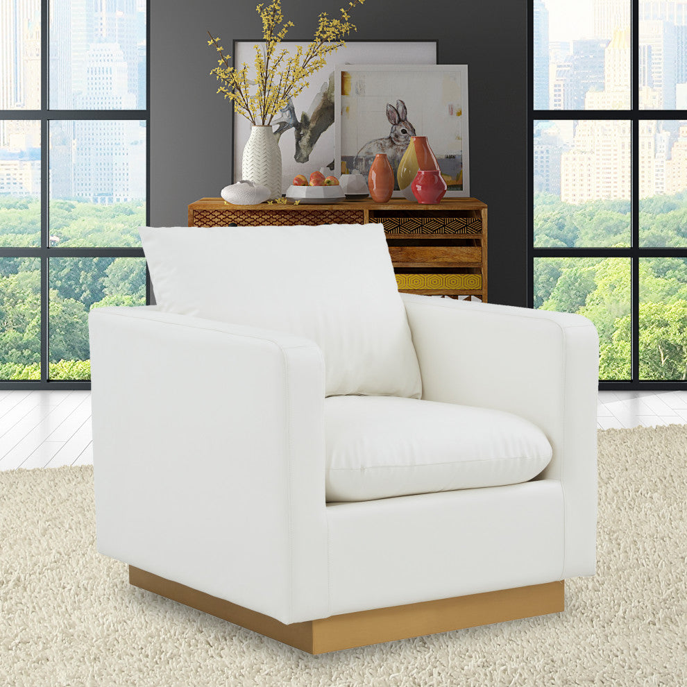 LeisureMod NS32W-L Nervo White Leather Accent Armchair With Gold Frame