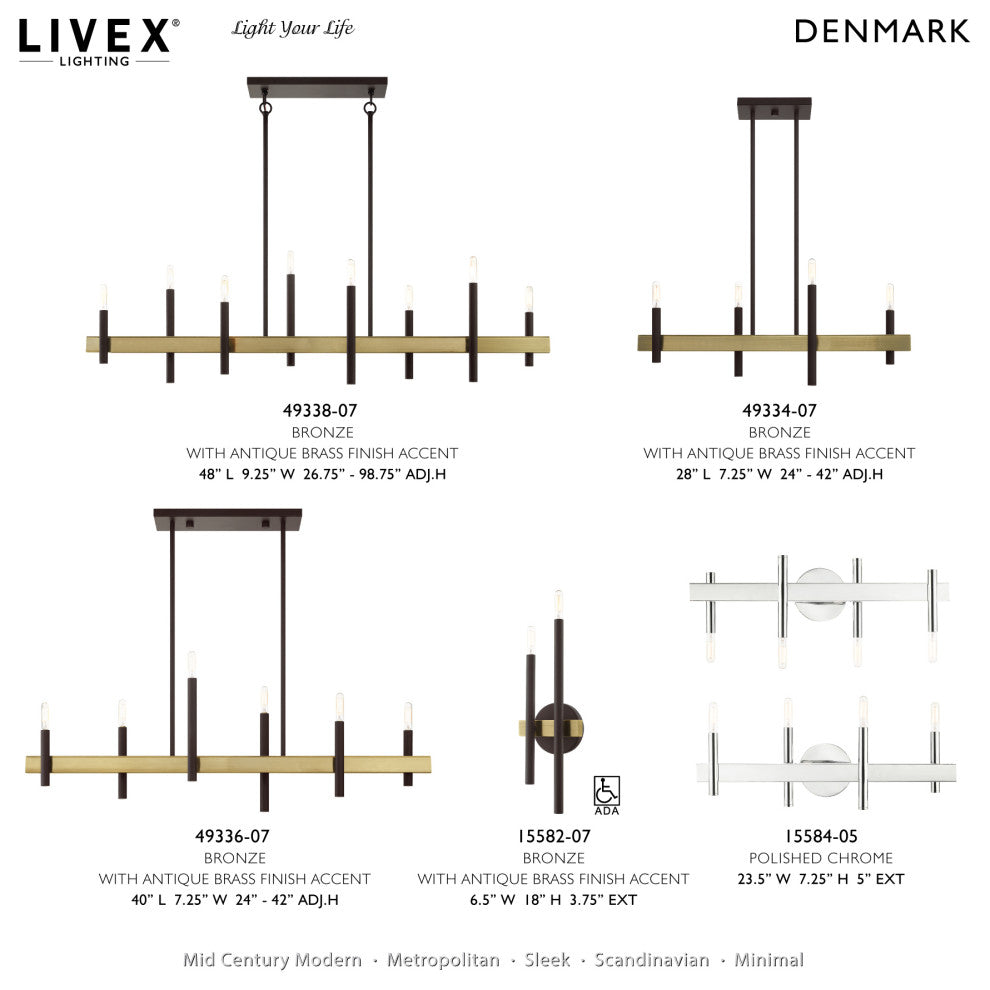 Livex Lighting Denmark 6 Light Bronze, Antique Brass Accents Linear Chandelier