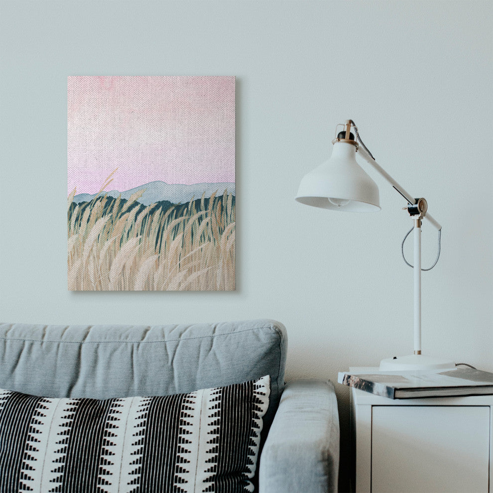 Wheat Field Dawn Green Pink Watercolor Painting, 24"x30"