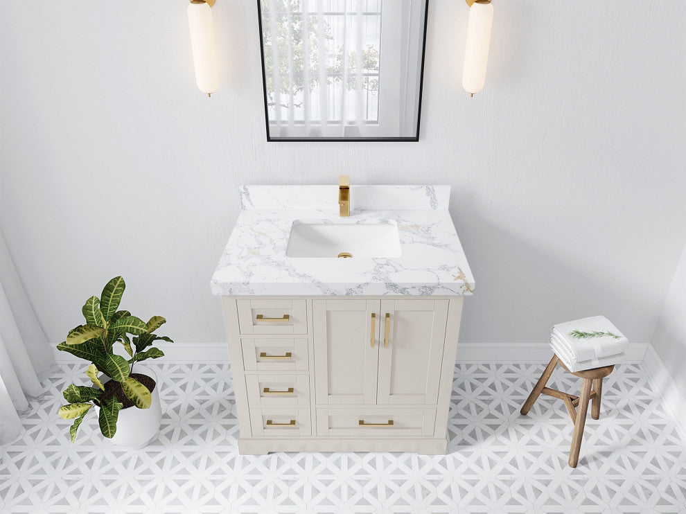 Boston 36" Center Sink Bath Vanity in Fine Grain 2" Calacatta Poanazzo