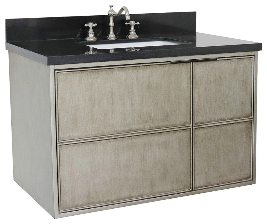 37" Single Wall Mount Vanity, Linen Brown Finish With Black Galaxy Top