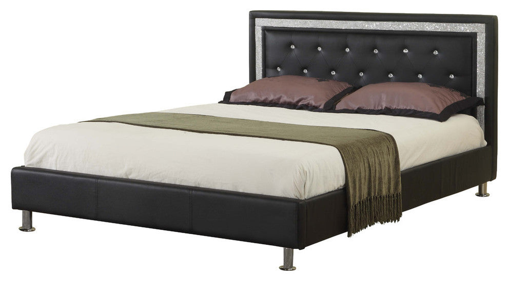Modern Platform Bed With Crystal Tufted Buttons, Black, Queen