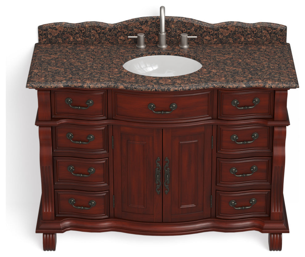 60 inch Cherry Wood Hopkinton Bathroom Sink Vanity Baltic Brown Stone Top, Cherry, 50", Single Sink, Freestanding