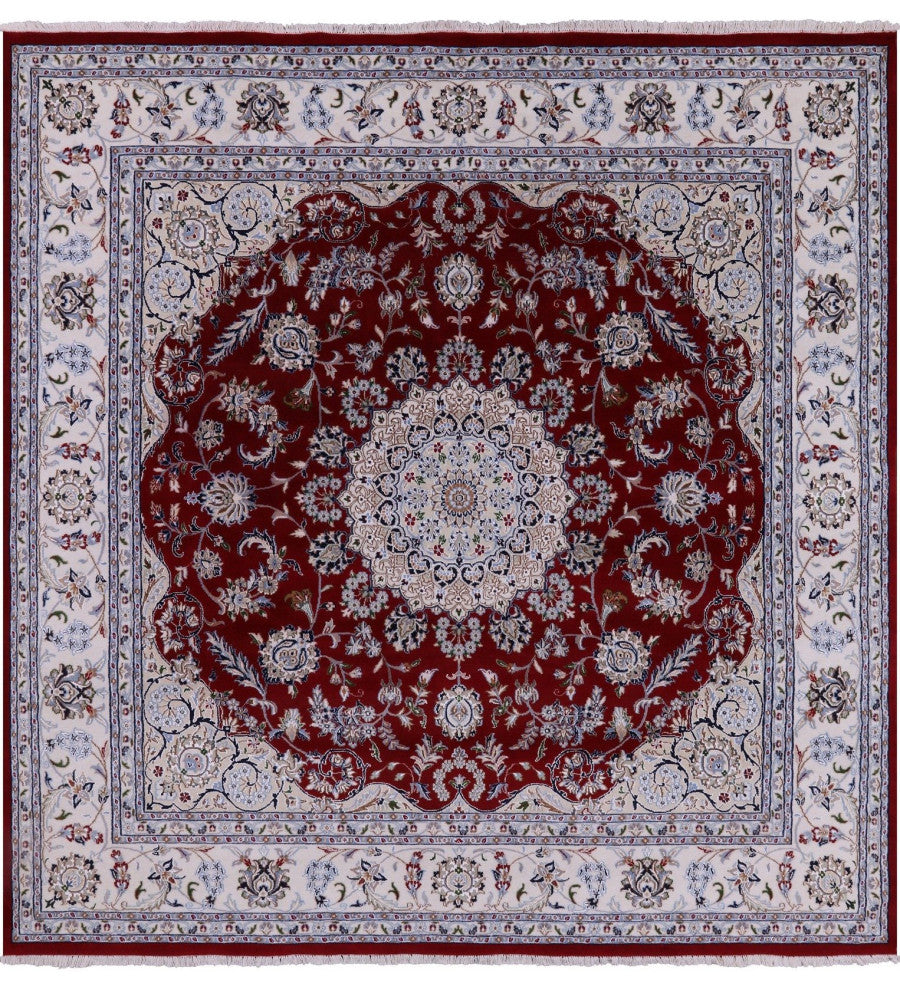 8' Square Persian Nain Handmade Wool and Silk Rug Q4466