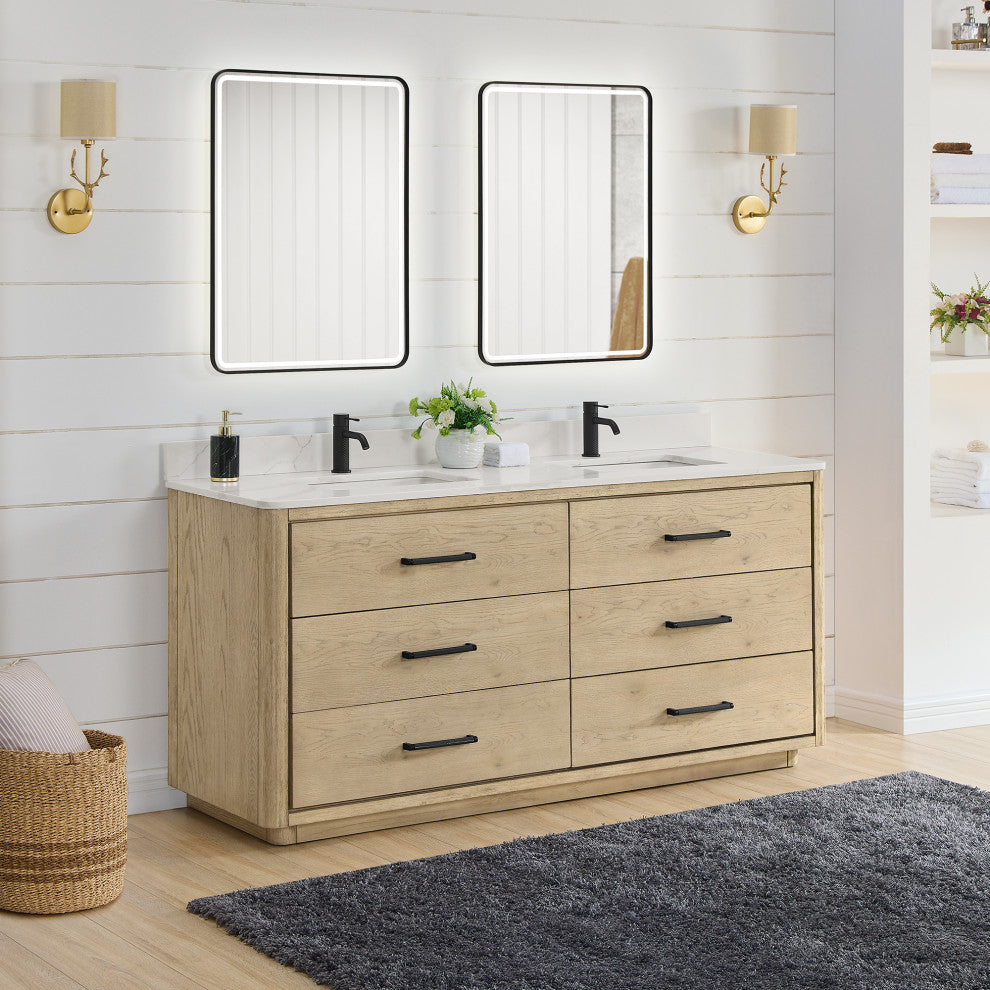 Porto Bath Vanity with White Quartz Stone Top, Natural Oak, 72 in., With Mirror