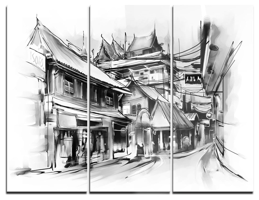 "City Street Illustration" Glossy Metal Wall Art, 3 Panels, 36"x28"