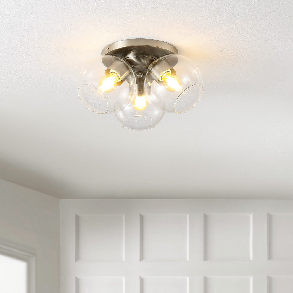 Iris 11.5" 3-Light Farmhouse Rustic Iron/Glass LED Semi Flush Mount, Nickel