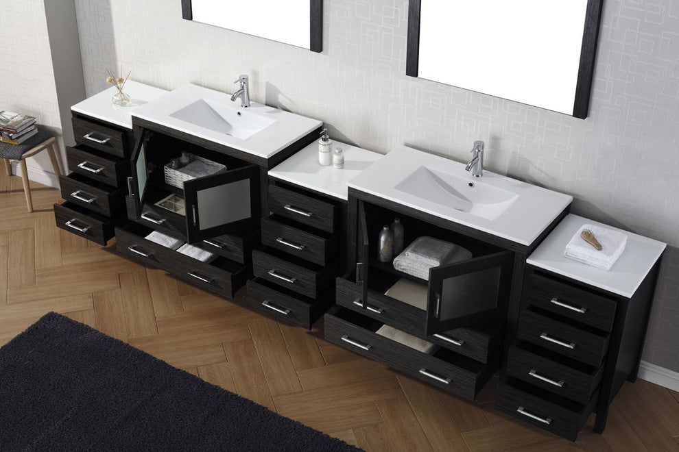 Virtu Dior 126" Double Bathroom Vanity, Zebra Gray, Faucet and Mirrors