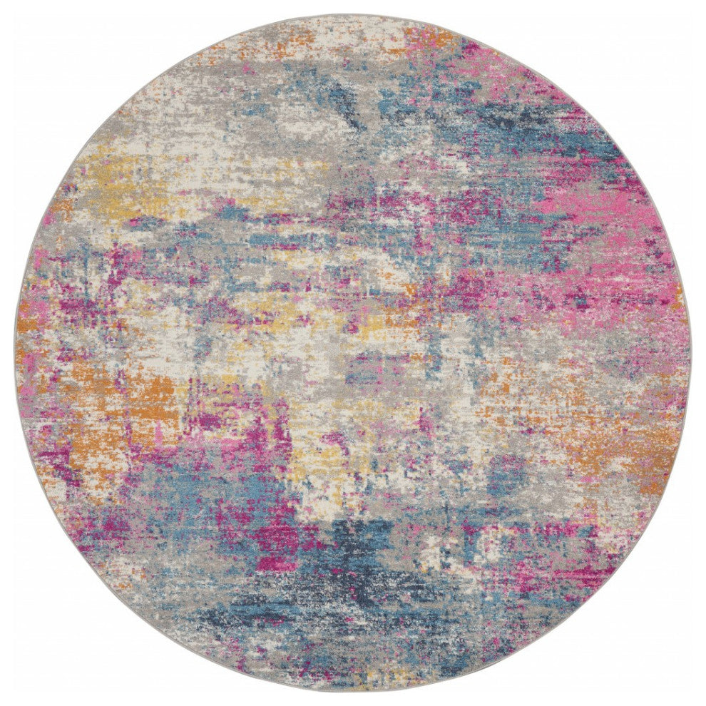 8' Blue And Pink Round Abstract Power Loom Area Rug