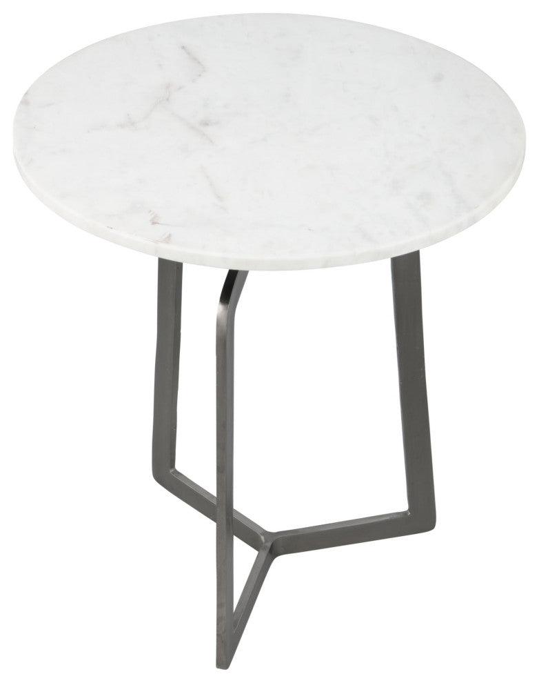 Sofa Side Table, Round, Artificial Marble, Aluminum Metal, White, Black, Lounge