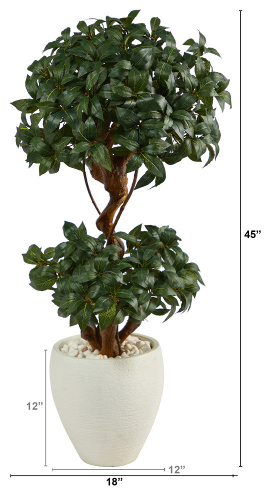 45" Sweet Bay Double Ball Topiary Artificial Tree, White Planter