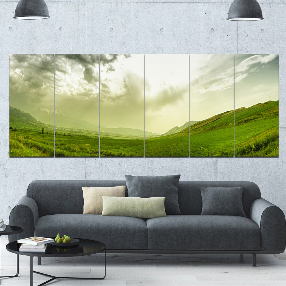 Meadow under Clouds Panorama, Landscape Canvas Art Print, 70"x28", 6 Panels