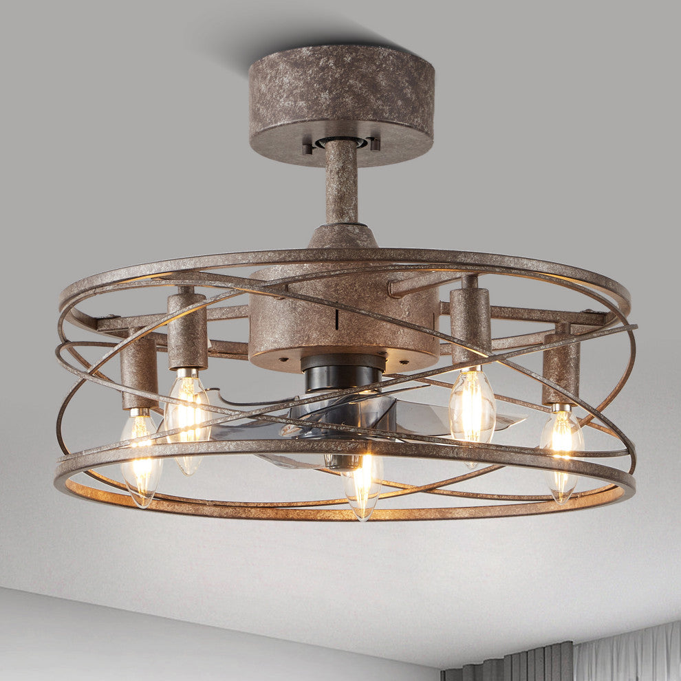 18" Black Industrial Reversible Ceiling Fan with Metal Cage Shade and Remote