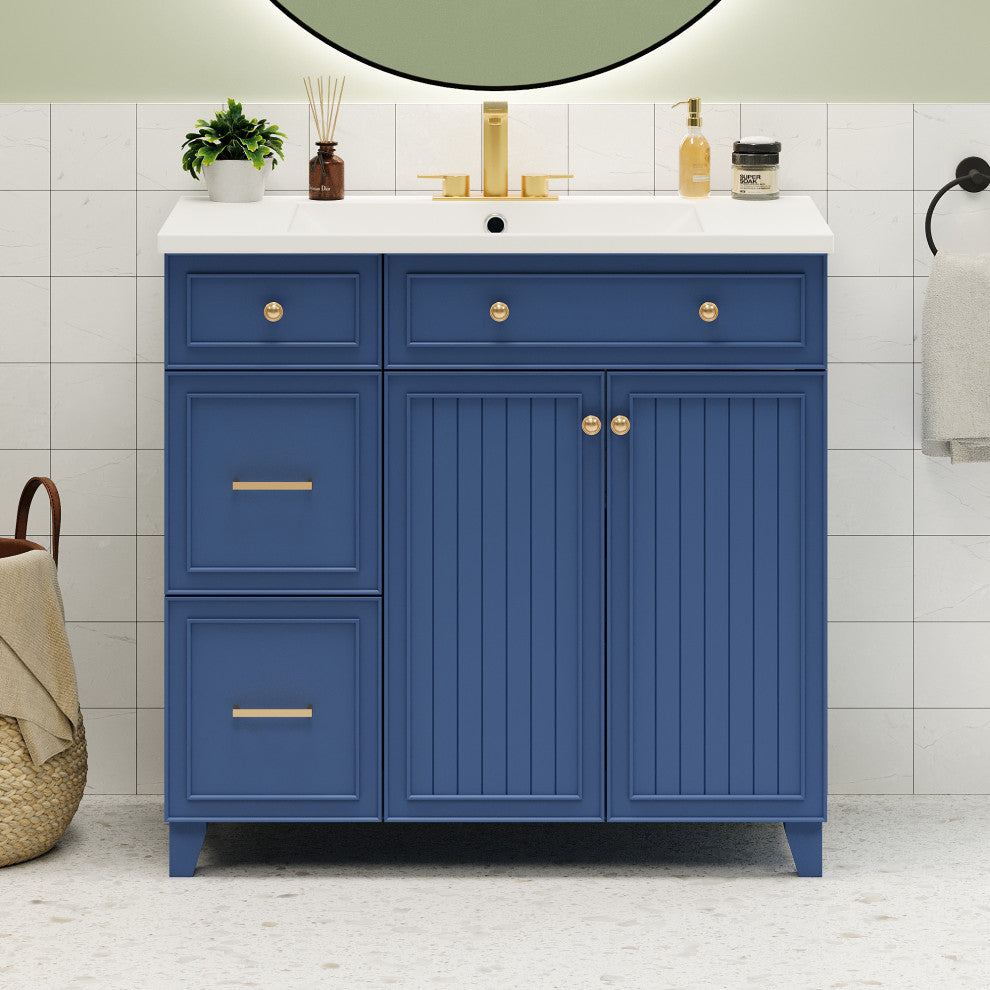 36 Inch Bathroom Vanity, Transitional Style Bathroom Cabinet with Resin Sink, Navy Blue