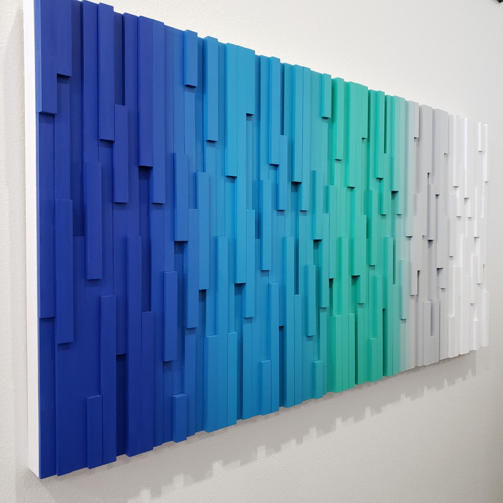 Modern Wood Wall Art Blue Ocean Transitional Ombre, 24"x48"