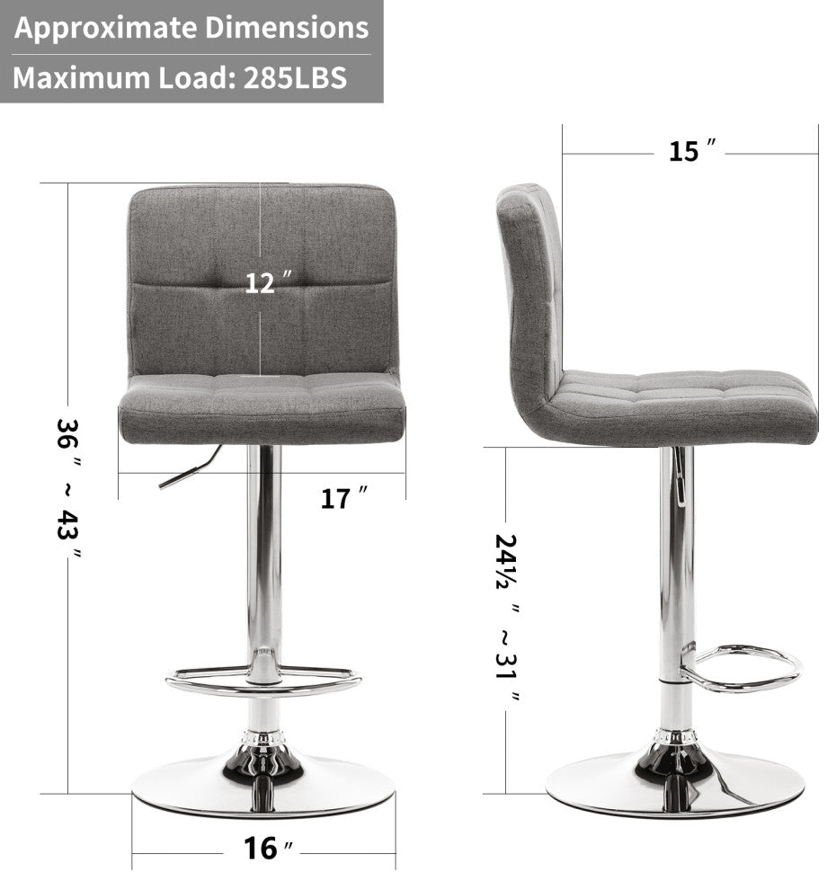 Set of 2 Armless Tufted Swivel Bar Stools, Gray-Fabric