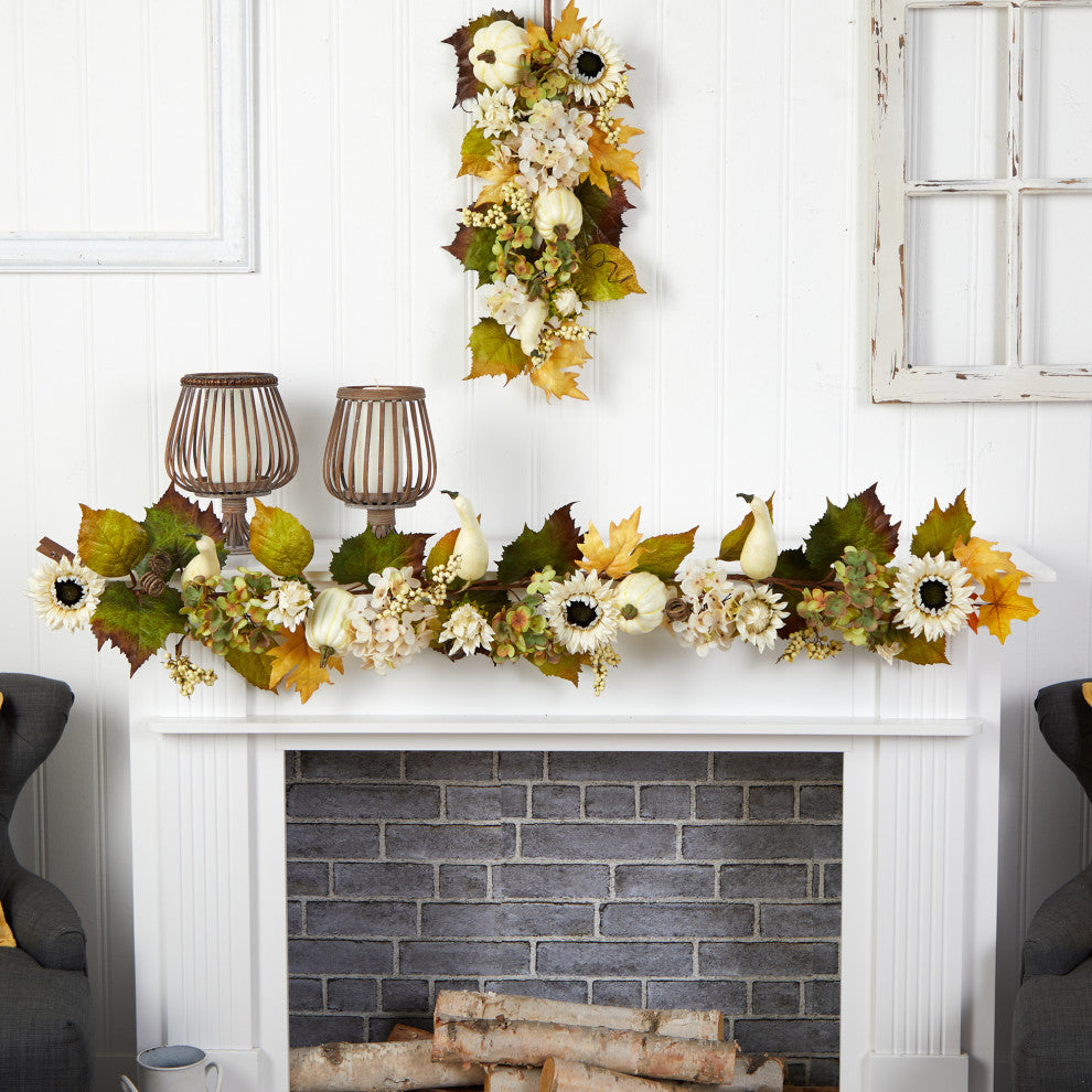 5' Fall Sunflower, Hydrangea and White Pumpkin Artificial Autumn Garland