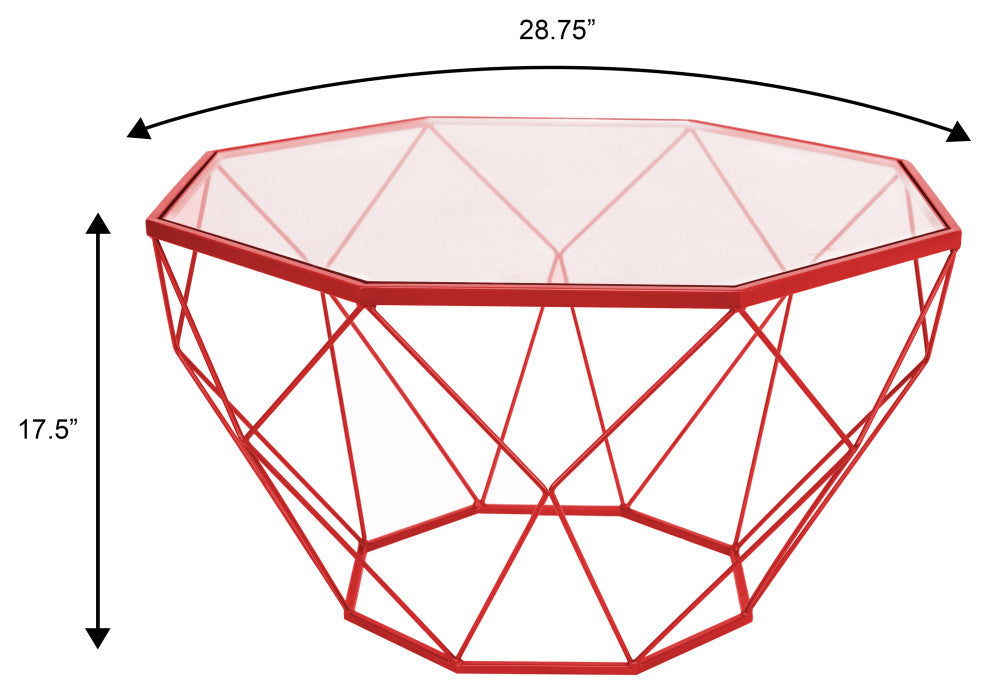 LeisureMod MD31R Malibu Large Octagon Glass Red Coffee Table With Geometric Base