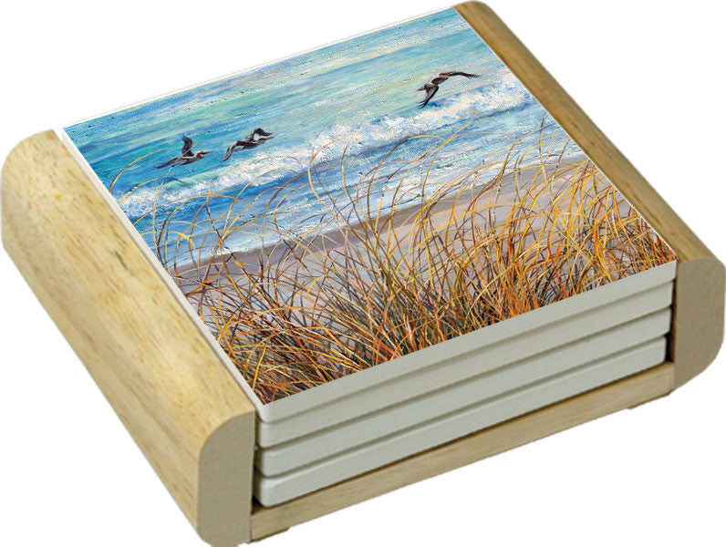 Coastal "Beach Watch" Accessory Stone Coasters, Wood Holder  Set of 4