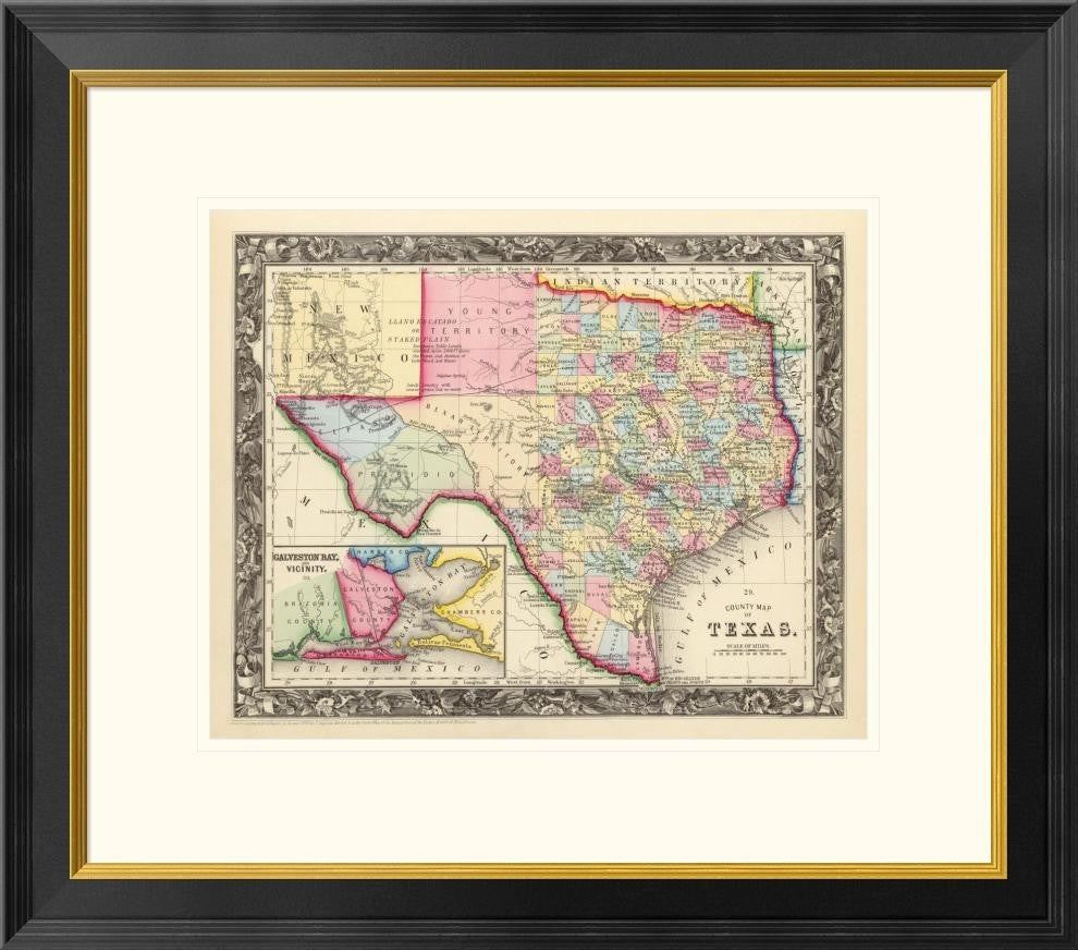 "County Map Of Texas, 1860"  by Samuel Augustus Mitchell, 26x23"