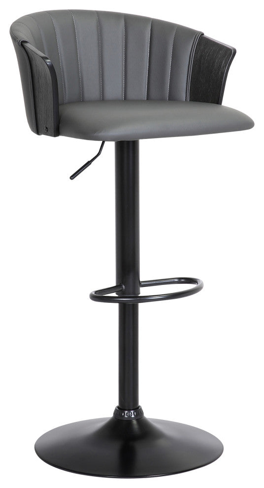 Lydia Adjustable Black Wood Bar Stool, Gray Faux Leather With Black Metal