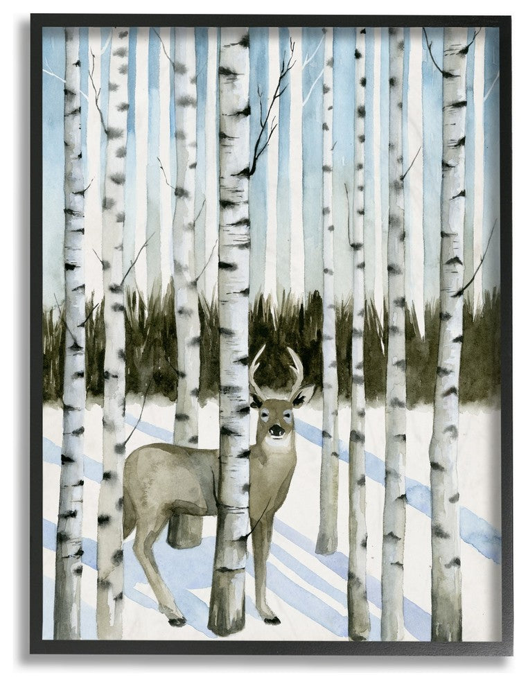 Deer In Snow & Birch Trees Watercolor Framed Giclee Texturized Art, 11"x14"