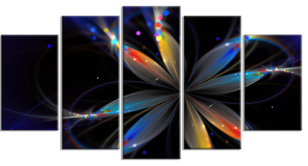 Abstract Fractal Flower on Black, Black, Floral Canvas Print, 60"x32", 5 Panels