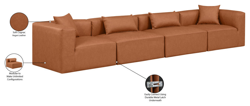 Cube Upholstered Modular Sofa, Cognac, 4-Piece: 2 Armless Chair, 2 Corner Chair, Vegan Leather