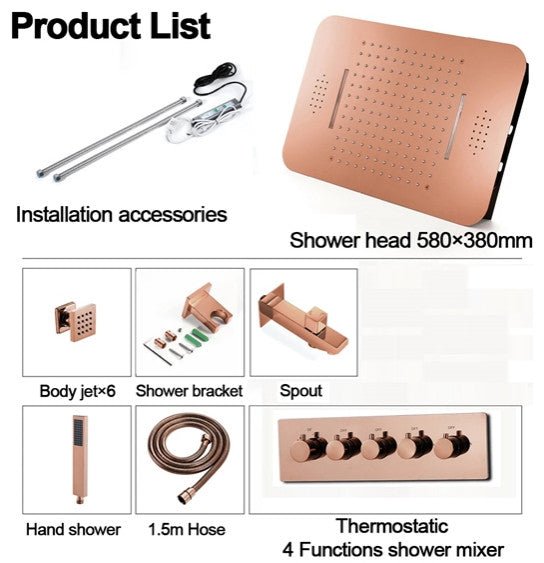 Thermostatic Recessed Ceiling Mount Led Rainfall Shower System, Remote Control