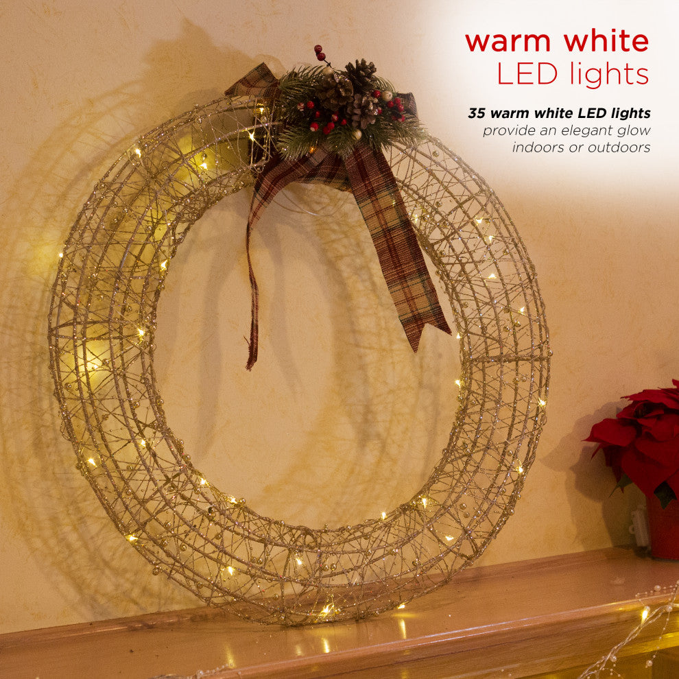 Gold Wire Christmas Wreath Hanging DÃ©cor with LED Lights