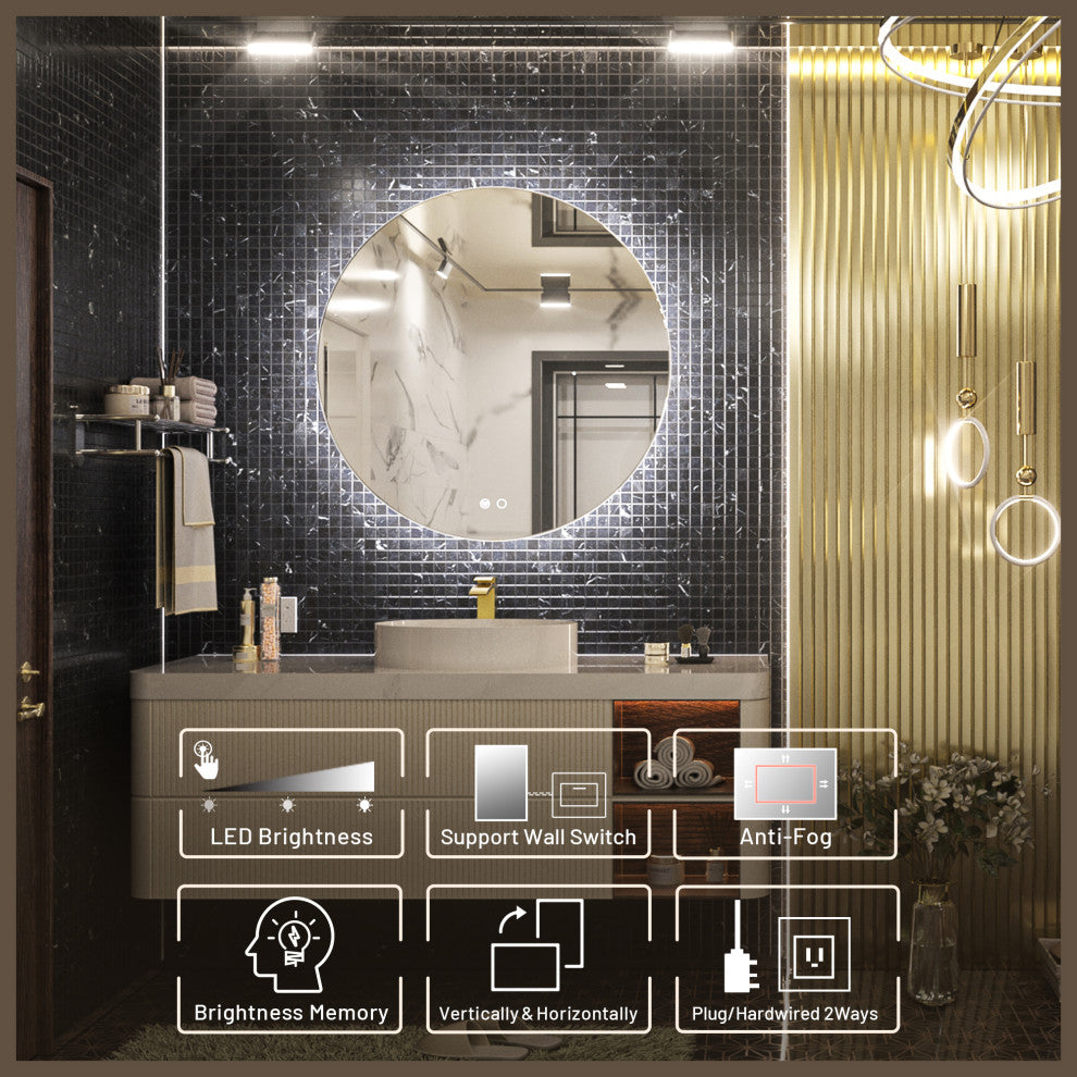 Round LED Vanity Mirror With Backlit, Anti-Fog & Dimmable LED, 24x24
