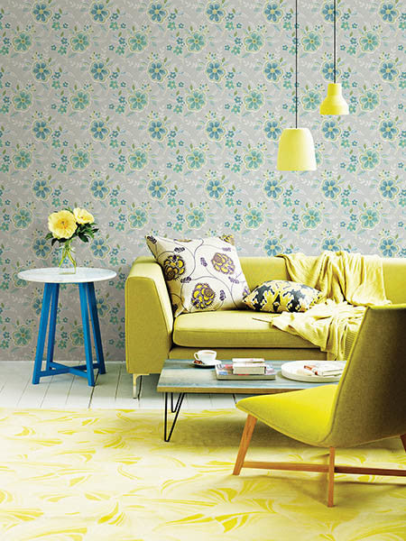 Contemporary Floral Wallpaper, Blue and Green, Bolt